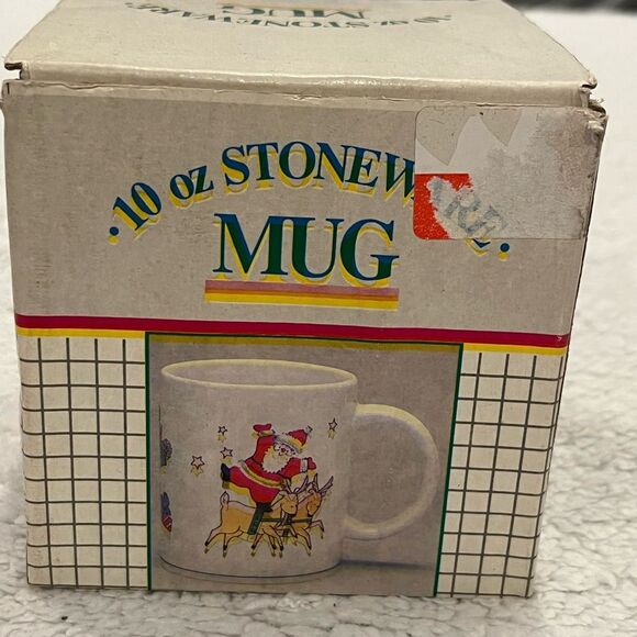 Vintage 10oz Christmas Stoneware Mug with Original Box Santa and Reindeer NOS - Picture 6 of 9